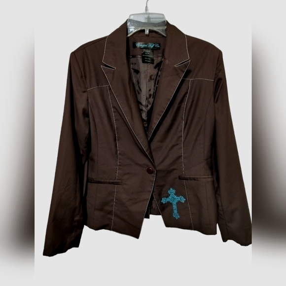 1902) Cowgirl Tuff Brown Turquoise Cross Embellishment One button Jacket Size L - Picture 2 of 8